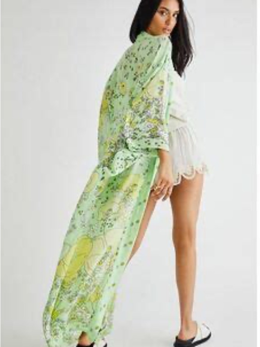 Green Floral Women's Kimono with Yellow Accents